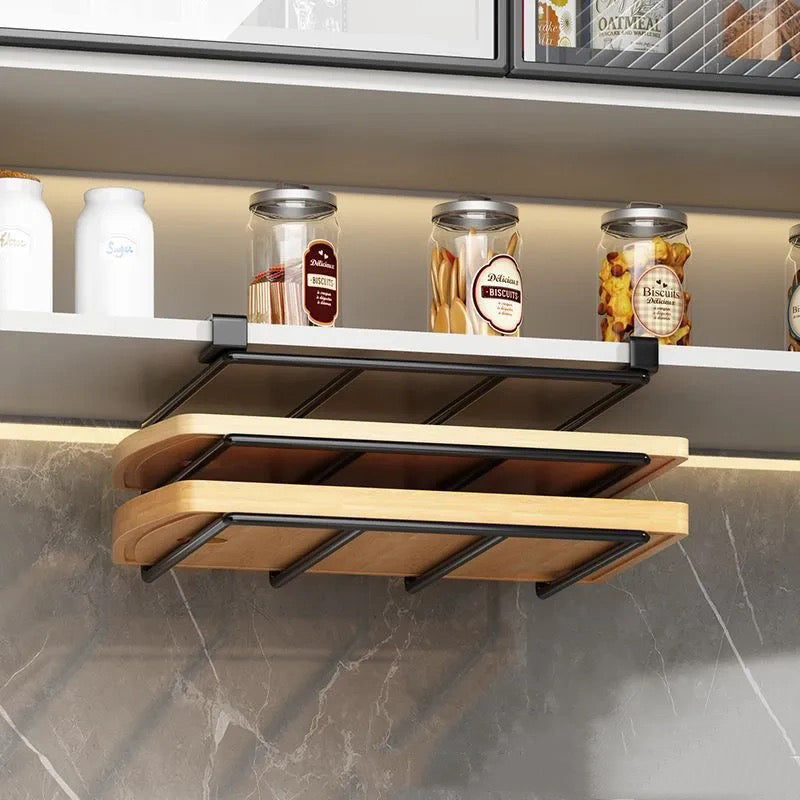 Under - Cupboard Hanging Organizer: Hooks for Paper Towels, Rags, Plus Shelf for Cutting Boards & Pot Covers