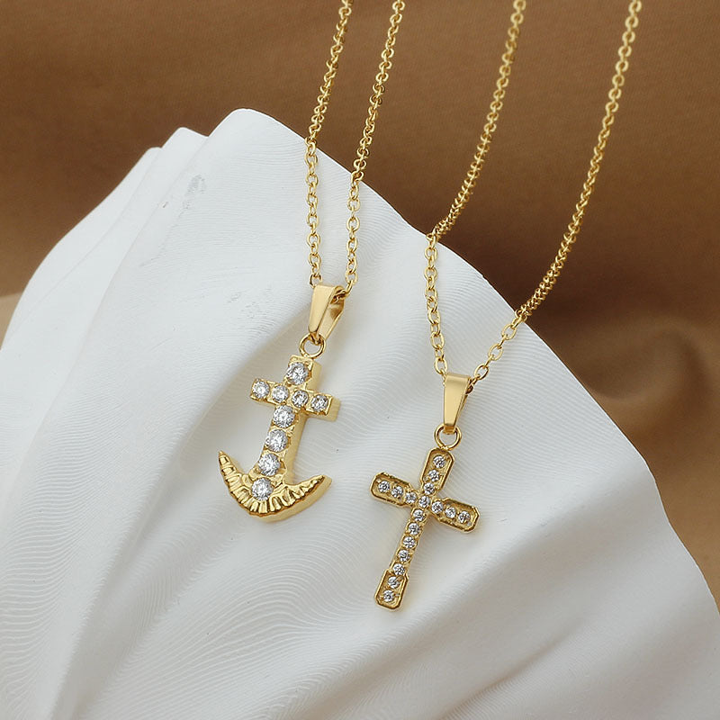 Cross necklace for women simple and colorfast zircon stainless steel collarbone chain titanium steel