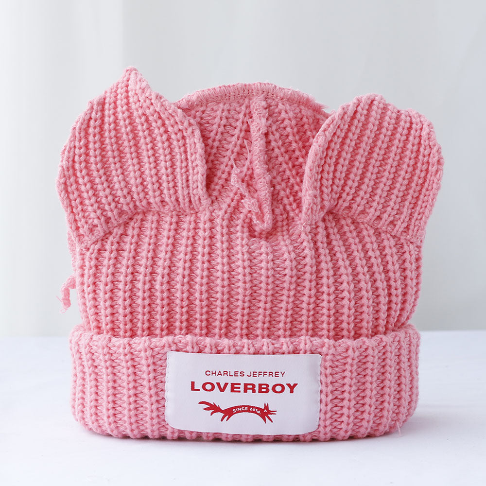 Double-layer thickened pig ear wool hat autumn and winter warm solid color knitted hat