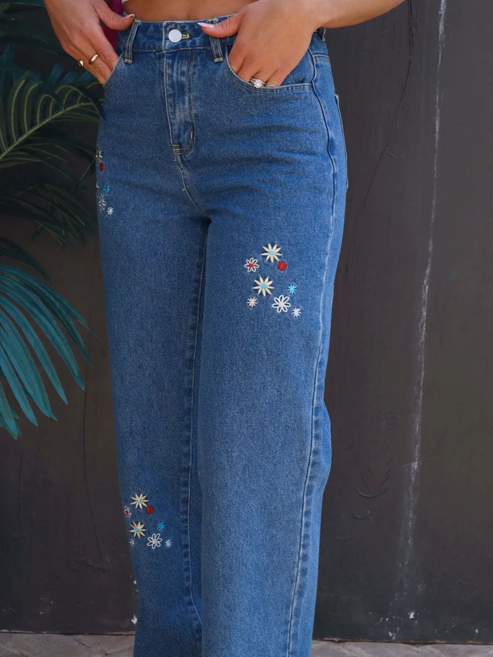 Fashionable and versatile floral embroidery slimming women's denim wide leg pants