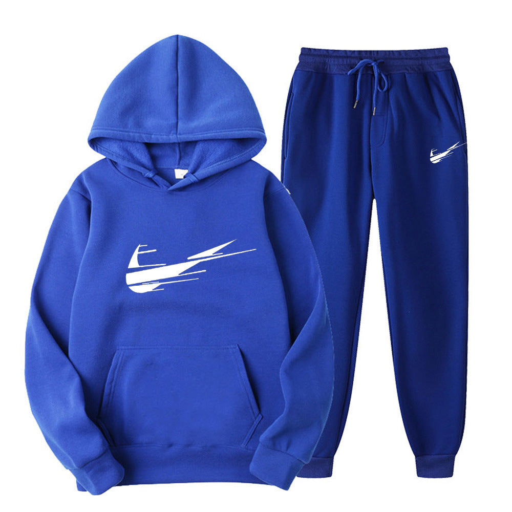 Men's and women's fleece hoodies two piece casual sports suit trendy hooded pullover printed sweatpants