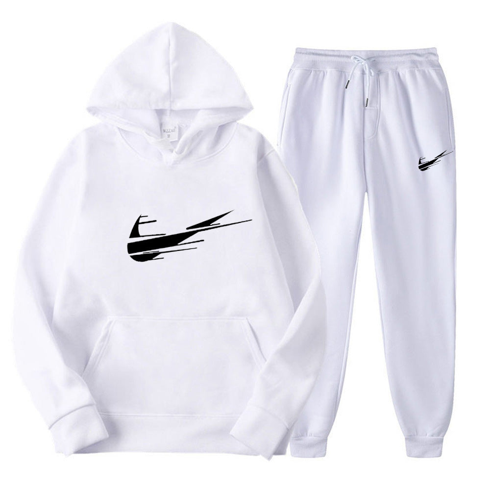 Men's and women's fleece hoodies two piece casual sports suit trendy hooded pullover printed sweatpants