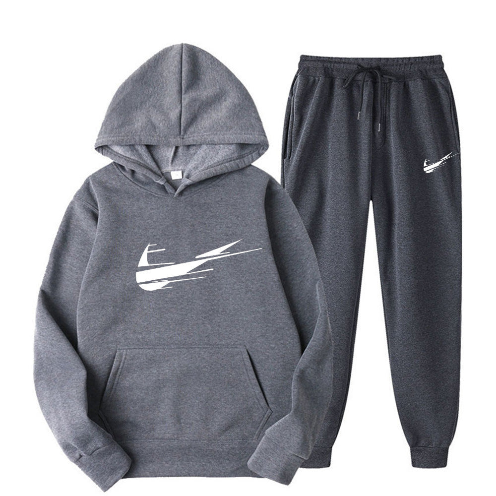 Men's and women's fleece hoodies two piece casual sports suit trendy hooded pullover printed sweatpants