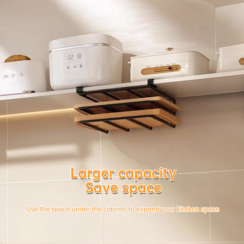 Under - Cupboard Hanging Organizer: Hooks for Paper Towels, Rags, Plus Shelf for Cutting Boards & Pot Covers