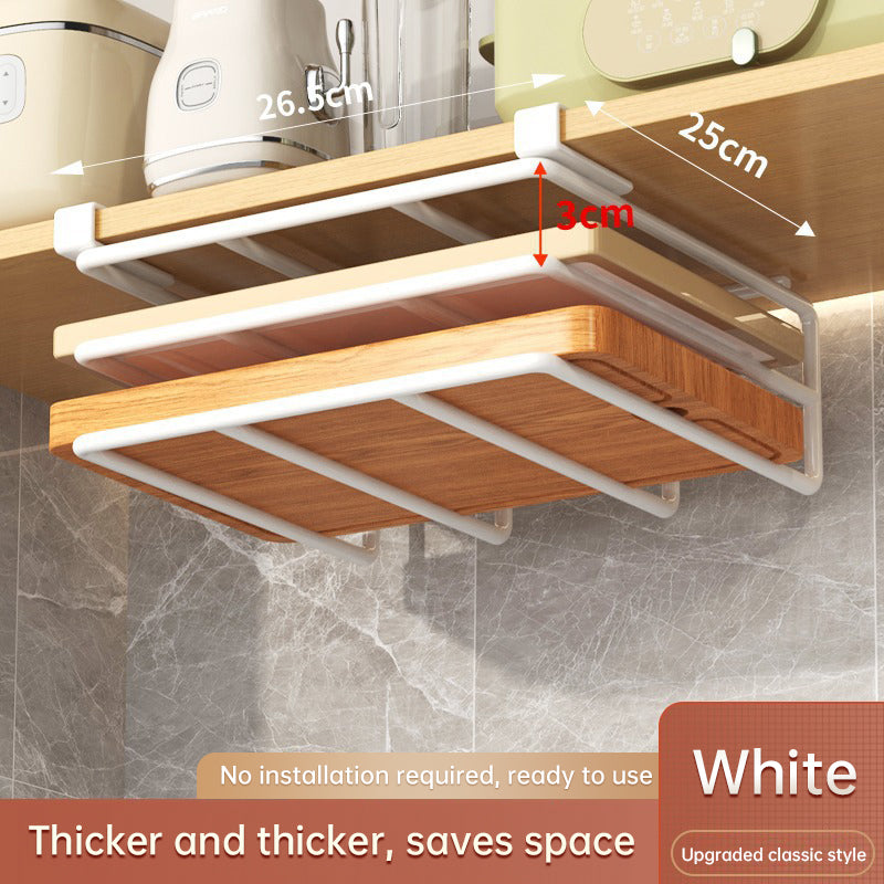 Under - Cupboard Hanging Organizer: Hooks for Paper Towels, Rags, Plus Shelf for Cutting Boards & Pot Covers