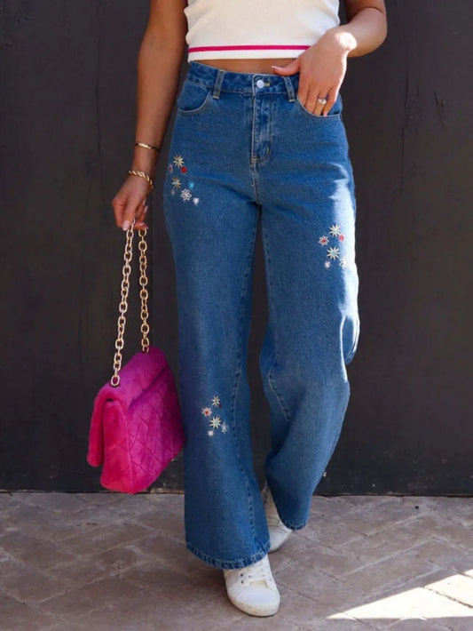 Fashionable and versatile floral embroidery slimming women's denim wide leg pants