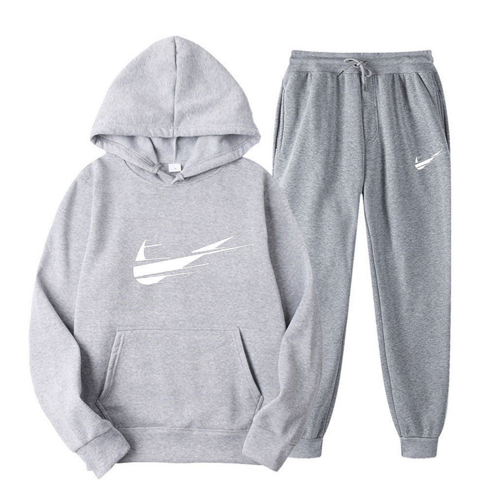 Men's and women's fleece hoodies two piece casual sports suit trendy hooded pullover printed sweatpants