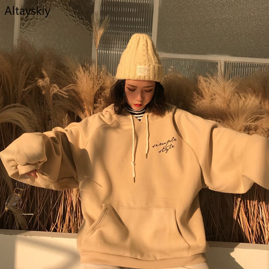 Hoodies Women Thicker Plus Velvet Warm Soft Letter Printed Simple All match Pockets Leisure Pullovers Womens Trendy Sweatshirts