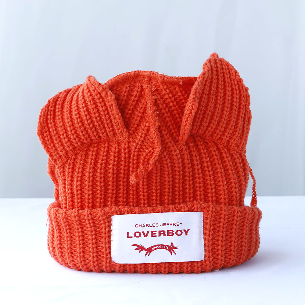 Double-layer thickened pig ear wool hat autumn and winter warm solid color knitted hat