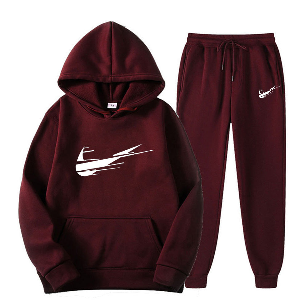 Men's and women's fleece hoodies two piece casual sports suit trendy hooded pullover printed sweatpants