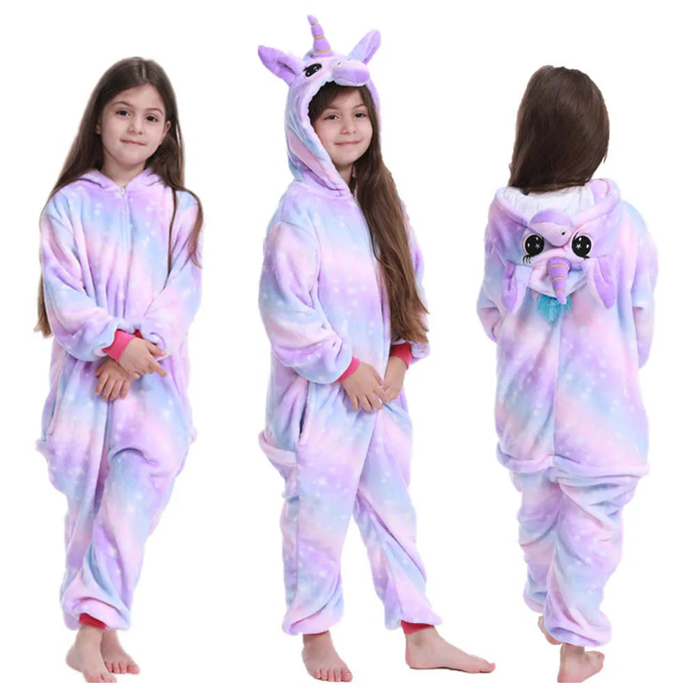 Kawaii Girls Pajamas Winter Purple Unicorn Onesie Hooded Plush Kigurumi Jumpsuit Blanket Sleeper Warm Overall Kids Nightwear Pjs