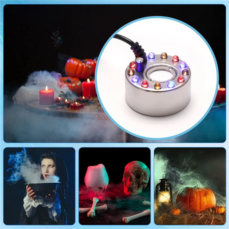 AT51-Halloween Mist Maker Fogger Fog Machine Fountain Mister Fogger Water Garden Pond Foggers With 12 LED Light Flashes